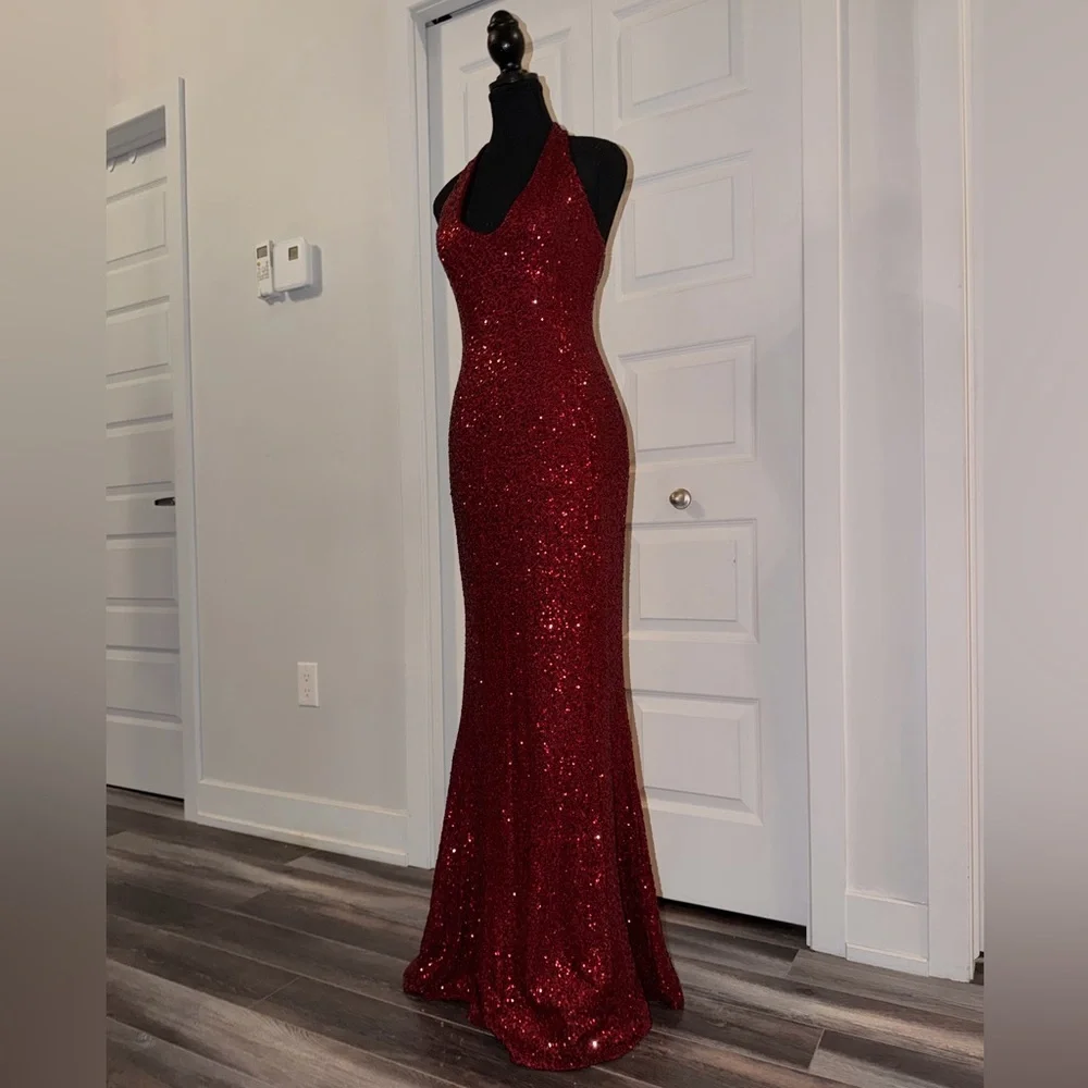 BabyBoo Fashion Elegant Burgundy Sequin Halter Dress - Picture 5 of 8